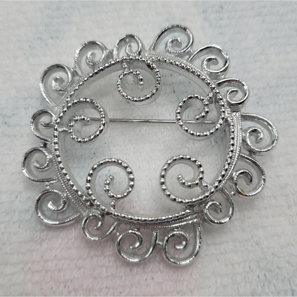 Vintage Sarah Coventry Silver-Tone Swirled Filigree Round Brooch Pin